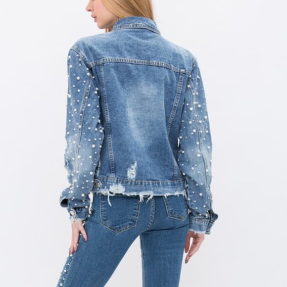 Blue Frayed Pearl Embellished Denim Jacket NWT - (#0001) - Picture 4 of 7